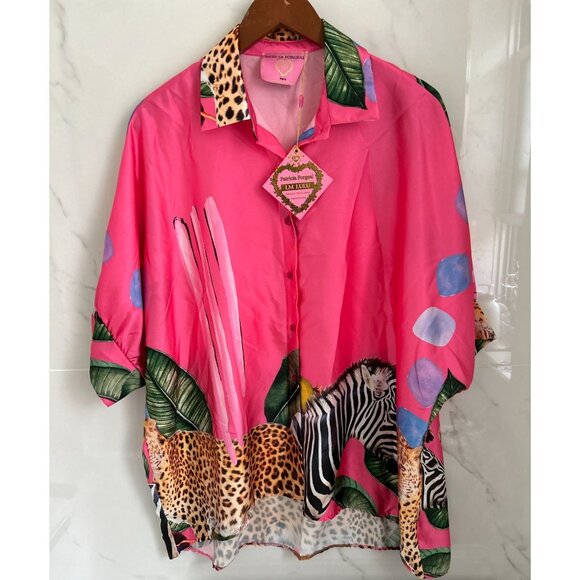 Patricia Forgeal LM Lulu Pink Button-Up Shirt With Jungle Safari Print Leopard & - Picture 1 of 11